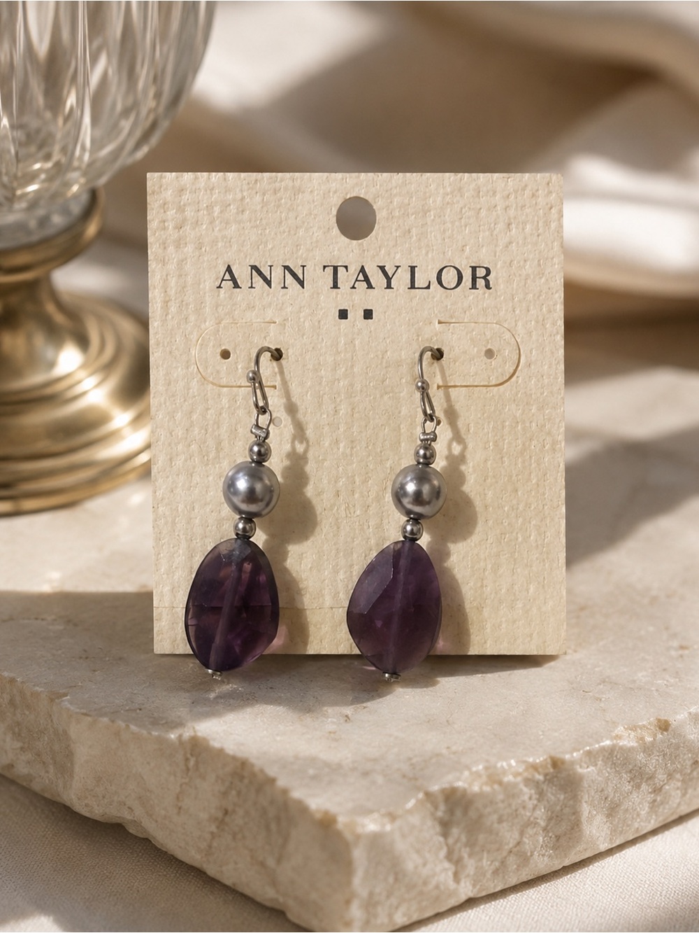 Ann Taylor Purple Drop Bead Earrings with Gray Pearls